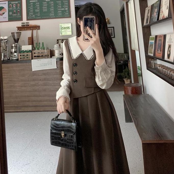 89SO - 96 JUMBO/BSIZE - Gaun Melar Coklat Wanita Kancing Aktif Tangan Panjang Model Leher Berkerah B