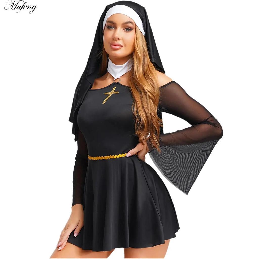 Sexy Adult Women Nun Cosplay Dress for Halloween Party Nun Evil Costume Coif Off Shoulder Mesh Dress