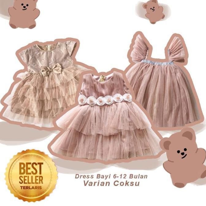 Dress Bayi Perempuan 0-12 Bulan Import Baju Warna Coksu Mocca Gaun Baby Tulle Varian Warna Coklat Su