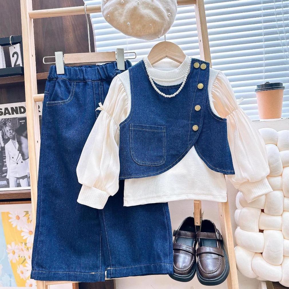 3-Setelan One Set 3in1 Fashion Anak Perempuan Blouse Rompi Celana Jeans Kulot