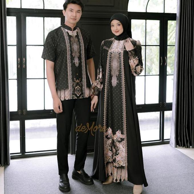Sarimbit Lebaran 2026 Baju Pasangan Muslim Motif Printing Eksklusif Elegan Gamis Koko Couple Keluarg