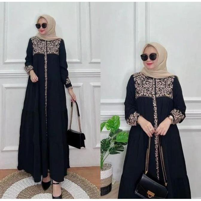 Maroko dress crinkle bordir bunga gamis crinkle