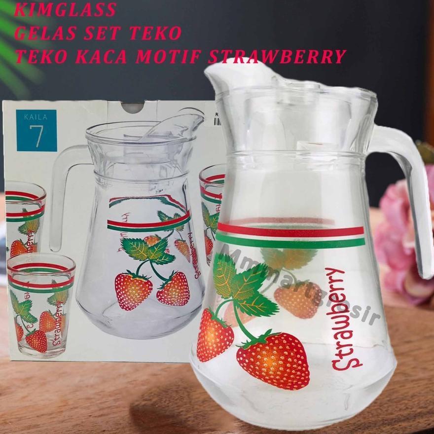 Teko Set Kaca / Kimglass Motif Stroberi / Teko Kaca + Gelas MR02