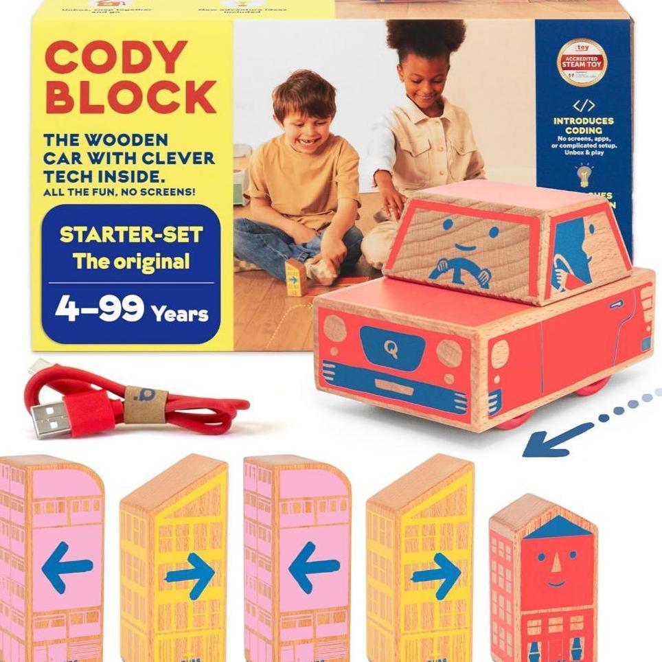 QUBS Cody Block Starter Set, Educational Wooden Building Blocks Coding and Car STEM Toys for Prescho