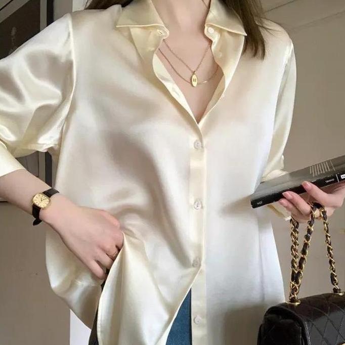 #BellasStyle Kemeja Wanita Lengan Panjang Satin Silk Kualitas Tinggi Fashion Wanita Mewah 12 Warna S