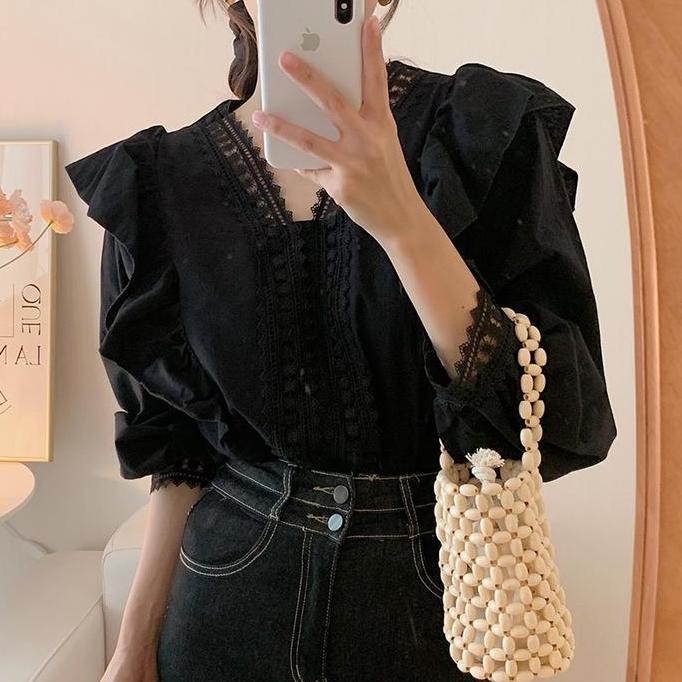 Bellastyle #Kemeja wanita V-neck renda renda manis dan ladylike, lengan panjang gaya istana atas unt