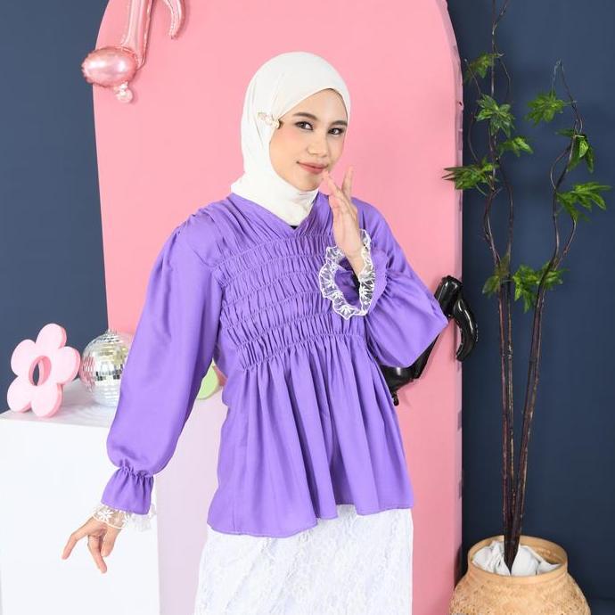 Bgs- Mybamus Alaya Rubber Blouse Poplin Atasan Kerut Dada Renda Lengan Panjang Gingham Kotak Soft Ye