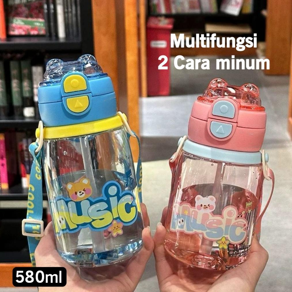 Botol Minum Anak Sekolah Tali Panjang Karakter BPA Free Tempat Minum 580ml 2in1