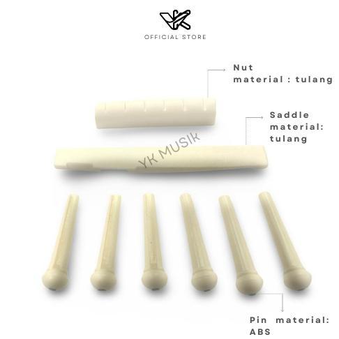 Pin Nut + Saddle Bridge Gitar Akustik/Guitar Acoustic Bone Tulang Sapi 1 Set