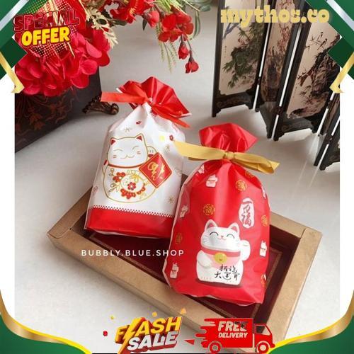 5pcs Pouch Tas serut plastik Imlek string bag with ribbon CNY packaging chinese new year gong xi fa 