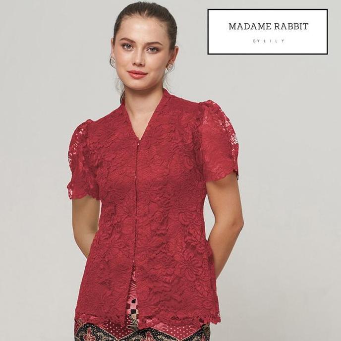 Blouse Kebaya Puff Brokat Merah Baju Pesta Atasan Polos Madame Rabbit Dress Kancing