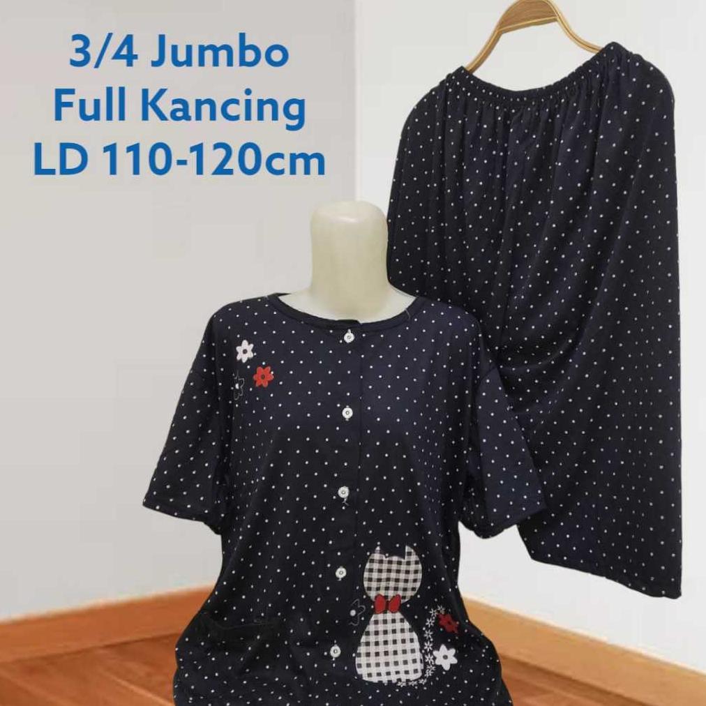 Set BabyDoll Full Kancing 3/4 Jumbo Bahan Kaos Celana Kulot Baju Tidur Wanita LD 110-120cm Termurah
