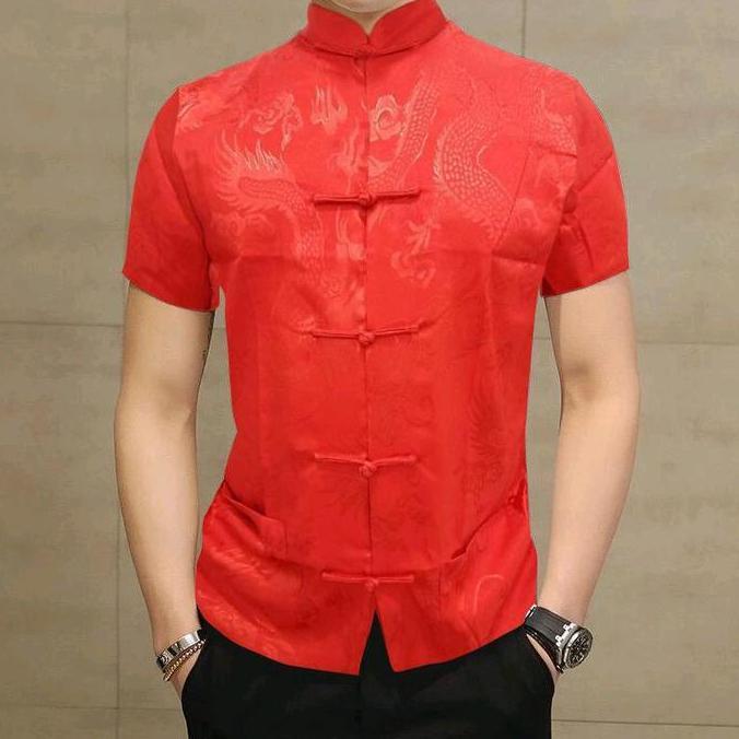 atasan cheongsam imlek pria import lengan pendek Baju tradisional Panjang