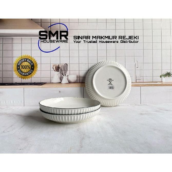 Grosir 3 Pcs Piring Makan Keramik Putih Polos Model Labu List Hitam