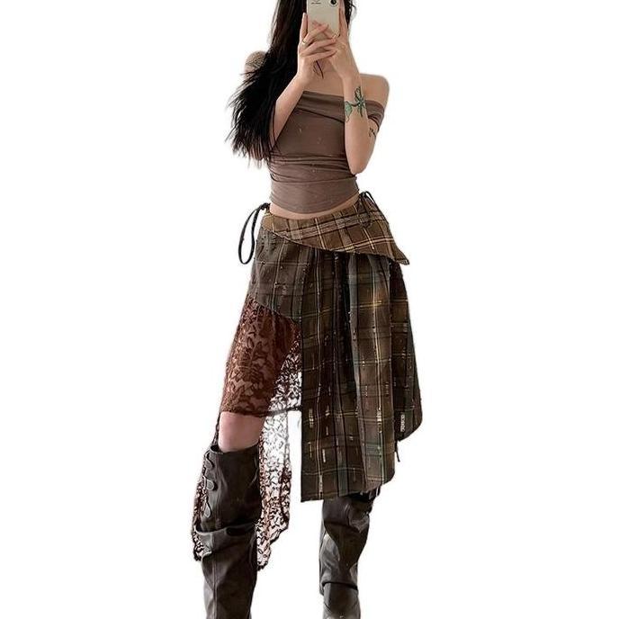 [HEYSOUL] Rok Asimetris Boho Edgy Vintage Lace Kotak-Kotak Gaya Artsy Grunge Elegan | Layered | Rok 