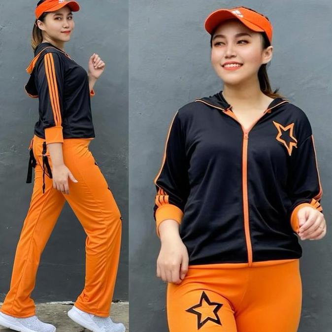 Super Murah, Set Baju Senam Bintang Double Indoor Outdoor Zumba Aerobic Serie Hitam Orange