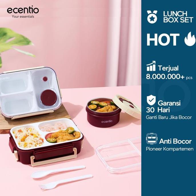 Ecentio Set Kotak Makan Bento & Mangkuk Stainless 304 Lunch Box 3 Sekat Kotak Bulat Anti Bocor Tahan