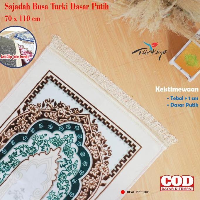 Laristerbaik- Sajadah Tebal Turki Putih Turkey Premium Halus Tampilan Dan Motif Mewah Ukuran Besar S