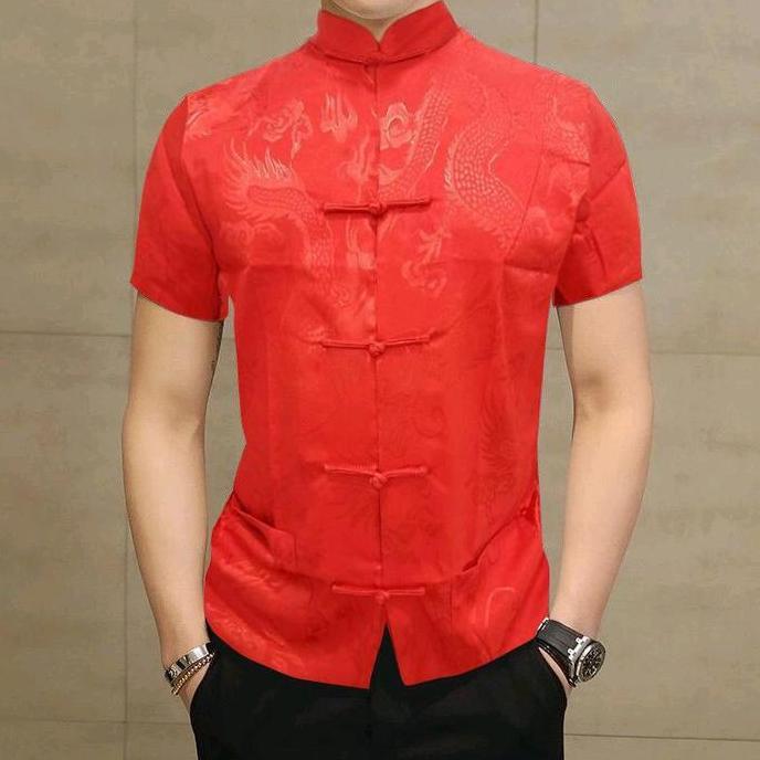 atasan cheongsam imlek pria import lengan pendek Baju tradisional Panjang