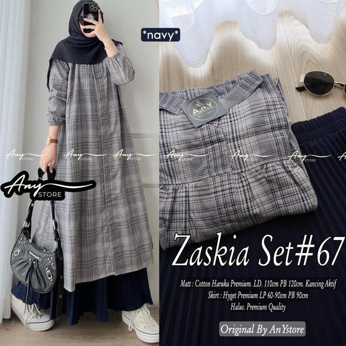 Newrelig- Zaskia Set Tunik Serut Kotak Katun Rok Plisket