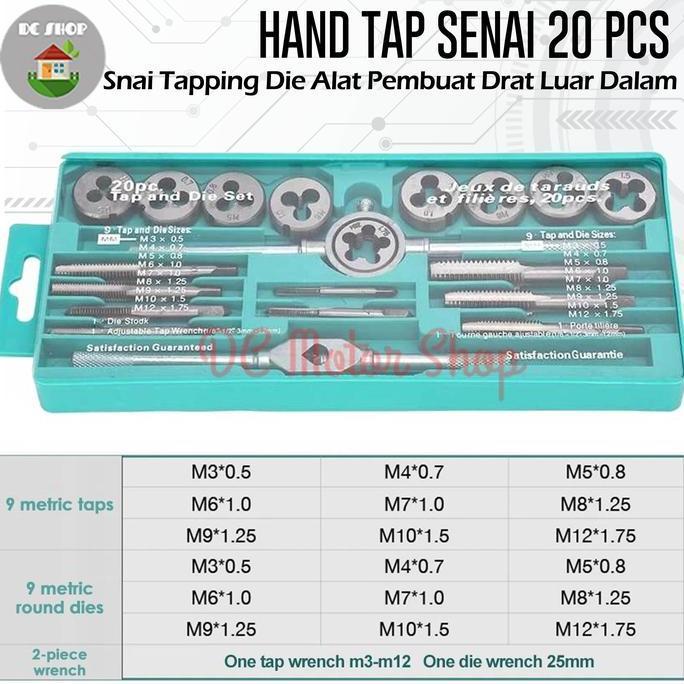 Hand Tap Set 20Pcs Senai Snai Tapping Die Alat Pembuat Drat Luar Dalam