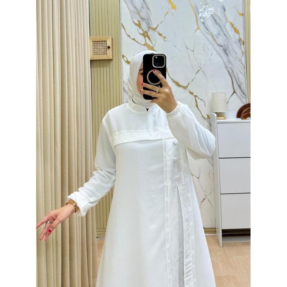 Sale Gamis Ceruti Jacguard Elegan Putih Simple Mewah Muslimah