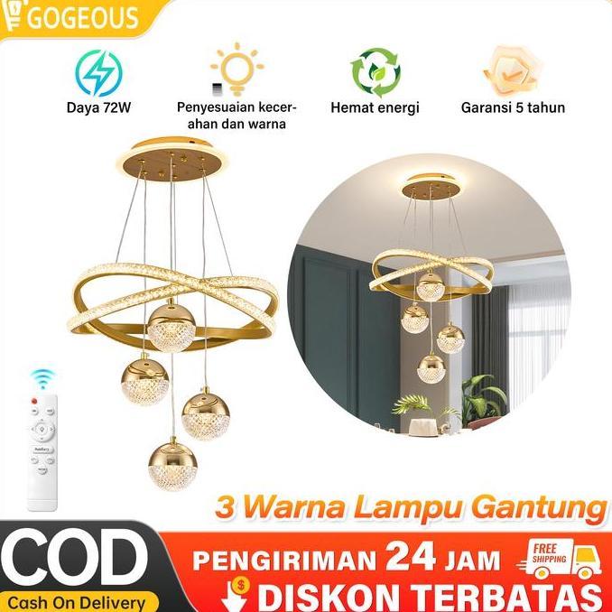 Lampu Gantung Kristal Minimalis 3Warna 72W Kontrol Dapat Disesuaikan Lampu Gantung Ruang Tamu Hias 1