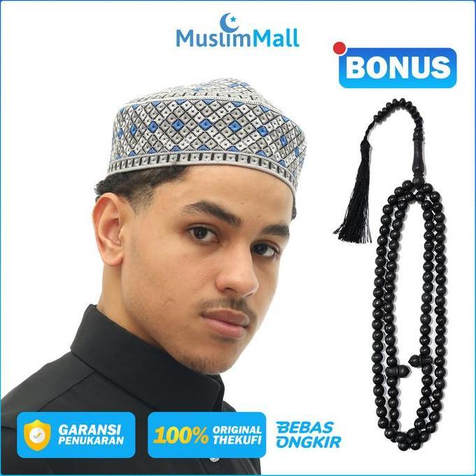 Ready Peci Pakistan Abu-abu Bordir Putih Biru Kopiah Pakistani Ori - TheKufi