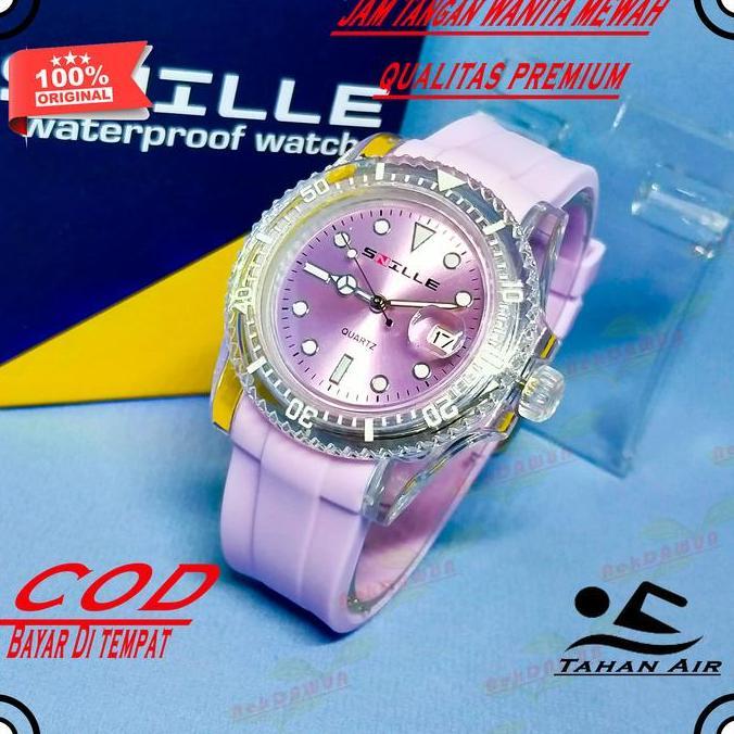 Watchtime- Jam Tangan Wanita Mewah Cewek Anti Air Warna Pink Dan Ungu Original Snille Tali Rubber Wa