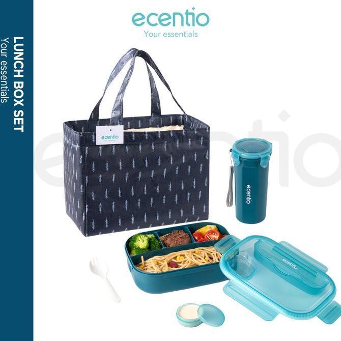 ecentio 4grid Kotak makan siang dengan botol air Lunch Box set 1100ml