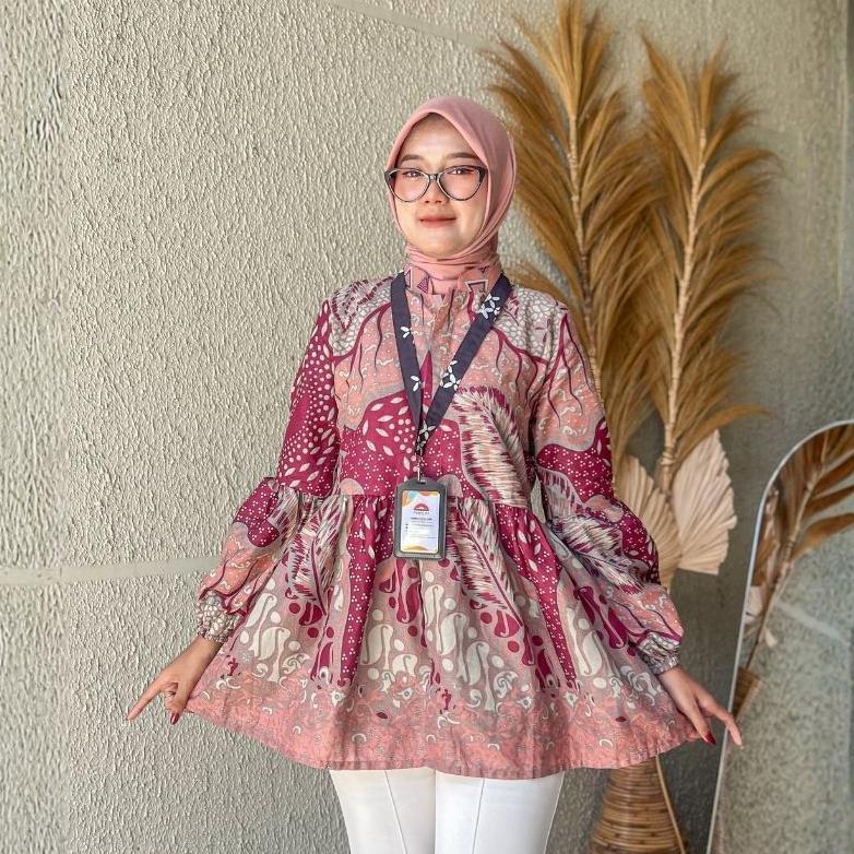 Grade Ori Rasaraya Batik Chaya Blouse Wanita Katun - Atasan Batik Kerja Kantor Soft Pink Tangan Balo