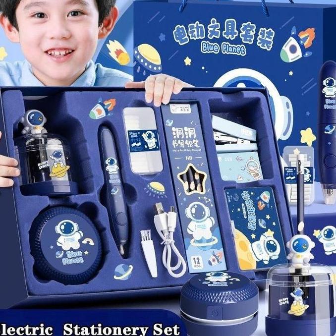 12 IN 1 Electric Stationery Set / Set Alat Tulis Elektronik Rautan Penghapus Vacuum Pencil /Set Alat