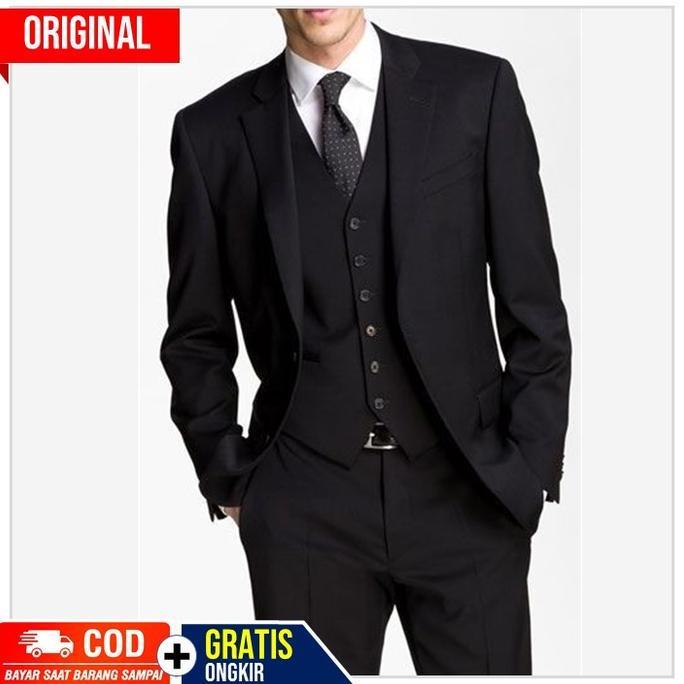 NIKAYU Setelan Suit Blazer Premium Pria 5in1 Super Executive Twist Hitam Slim Fit untuk Acara Formal