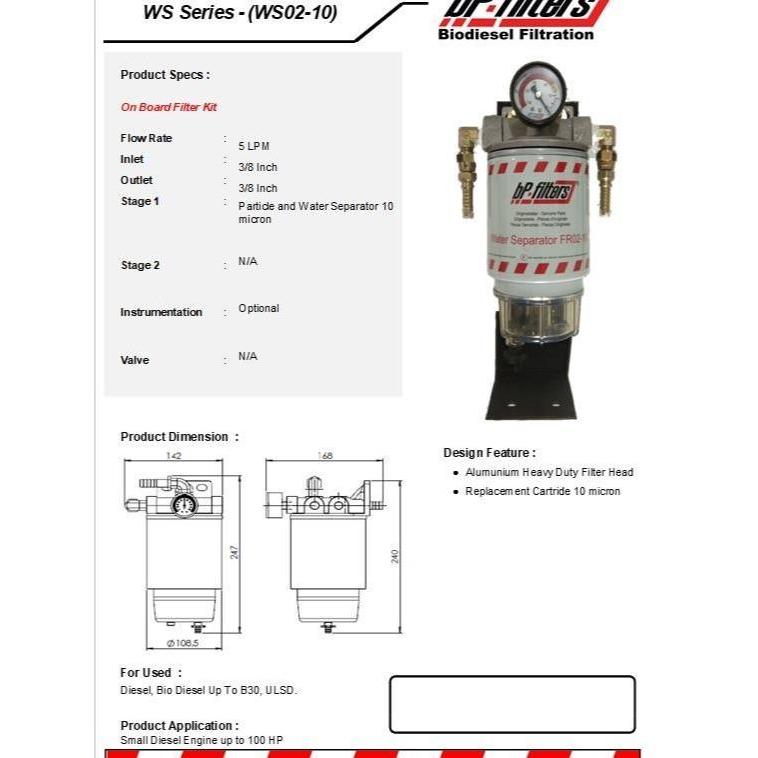 Bp Filters Series Ws-02  Water Separator For Diesel Solar Engine Original Dan Terpercaya