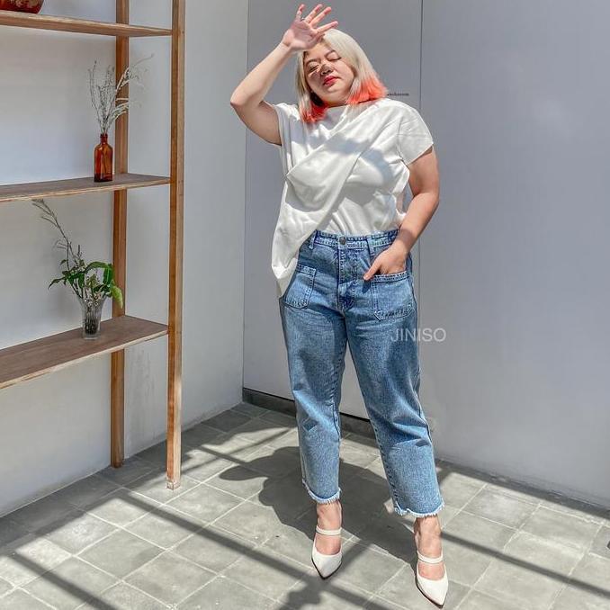 DISKON REAL CURVY - JINISO JUMBO BOYFRIEND CELANA JEANS WANITA WARNA DENIM HIGHWAIST