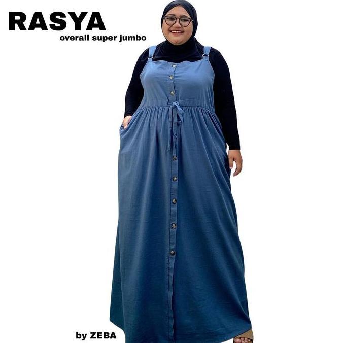 Gamis Overall Jumbo Rasya LD 130 140 150 Bahan Linen Angel Tebal Adem Lemes Simpel Cantik Army Denim