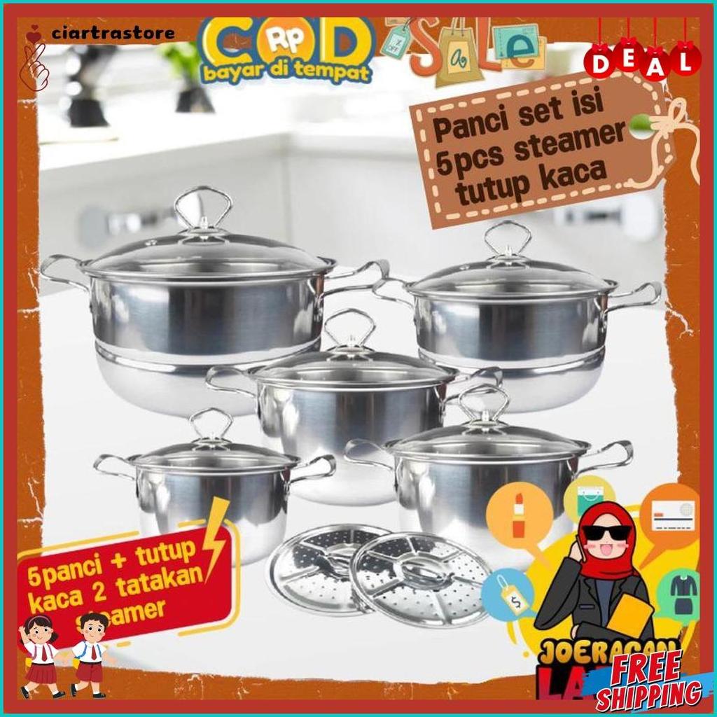 [Joeragan Lapak] Panci Set 5 Pcs Tutup Kaca High Pot Stainless Stell Kukusan Steamer Kuah Happy Fun 