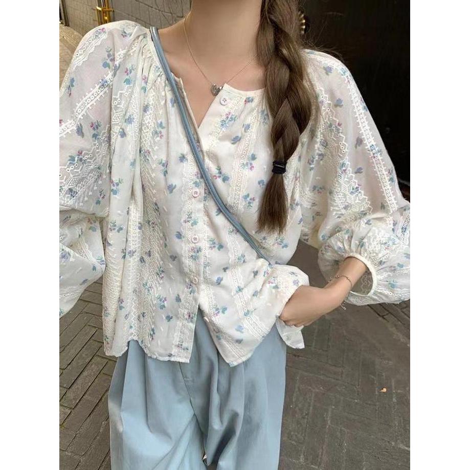 Cntikk- [Nala]Blouse Bunga Putih Korean Style Lengan Panjang Hijab Wanita Atasan Baju Top Motif Casu