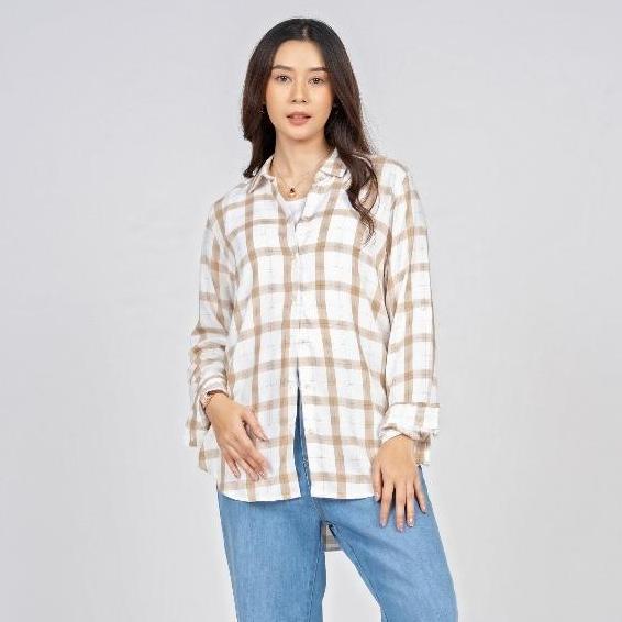 C2 Khimki Khaki Kemeja Casual Wanita Lengan Panjang Motif Kotak