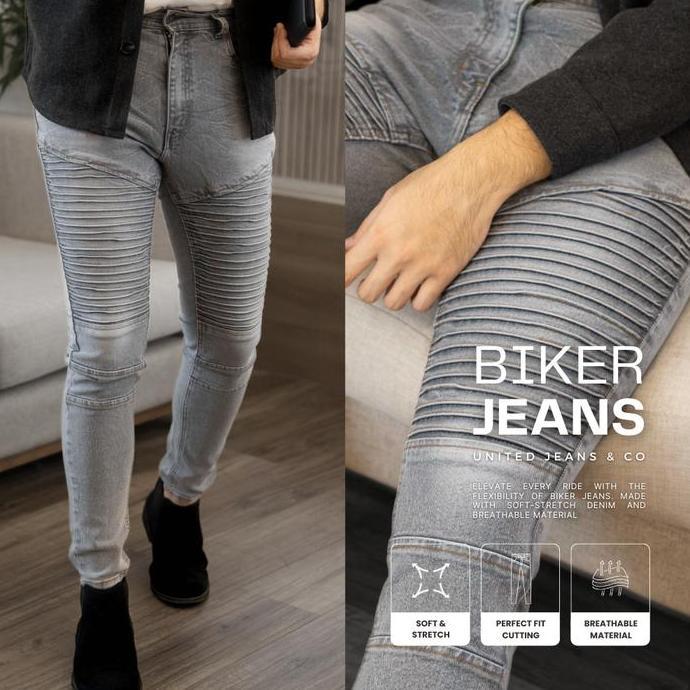 Celana Jeans Pria Stretch Denim - Biker Jeans - Snow Grey - (UJB-12)