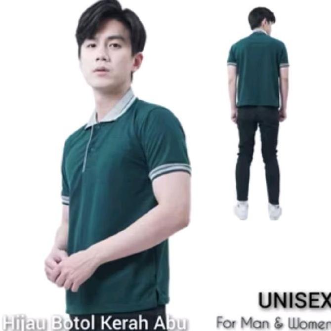 Kaos Polo Unisex Hijau Botol Kerah Abu / Kaos Kerah / Poloshirt / Polo Shirt Pendek Baju Pria Wanita
