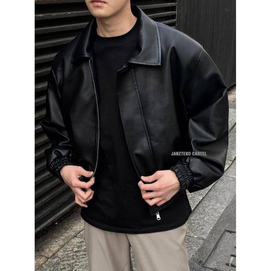 JNK x GOZI - Jaket Boxy Pria Granger Mafia Semi Kulit Sintetis Viena PU Leather Jacket Vintage Skena