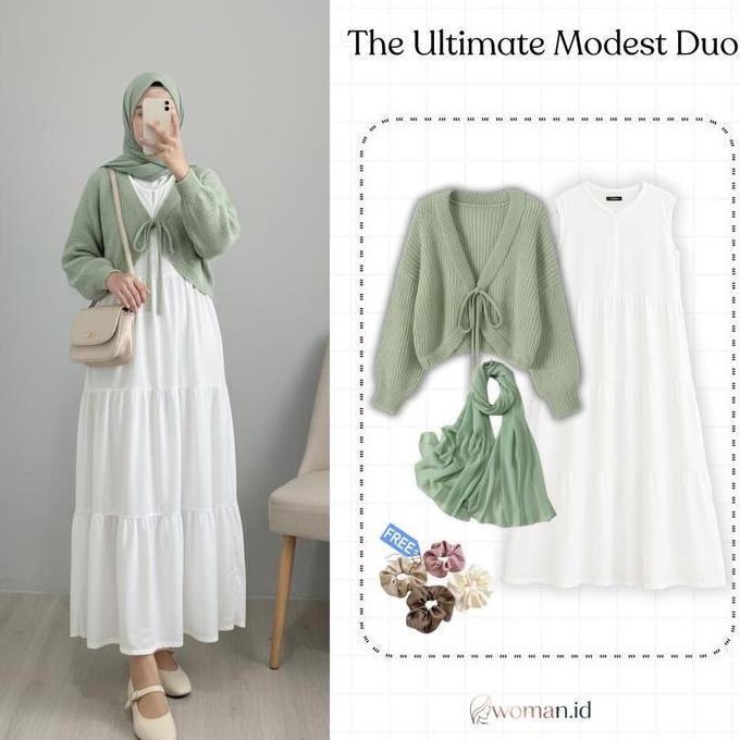 One Set Floral Dress| Inner Dress+Cardigan Bolero+Hijab Pashmina+Free Gift|Outfit Korea Style Remaja