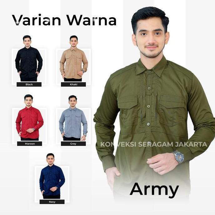 Baju Kemeja Tactical Pria Lengan Panjang - Seragam Kerja Dinas Lapangan Tactical Warna Hijau Army - 