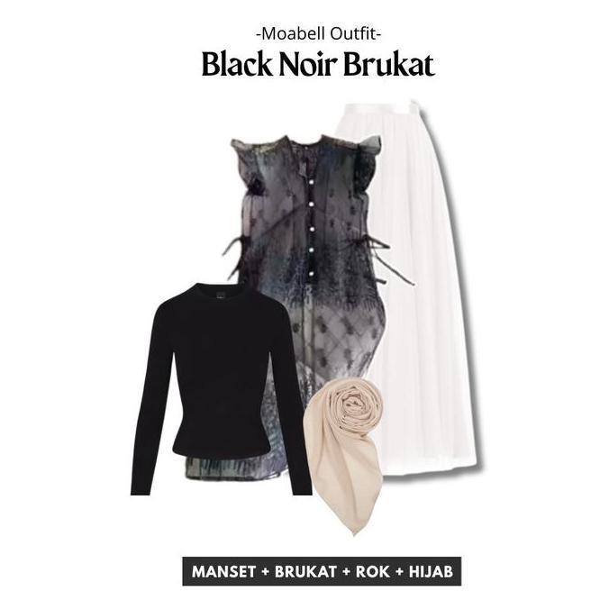 Black Noir Brukat One Set Kondangan 3in1 Setelan Wanita Kekinian Brokat Tile Long Vest Rok Tutu Puti