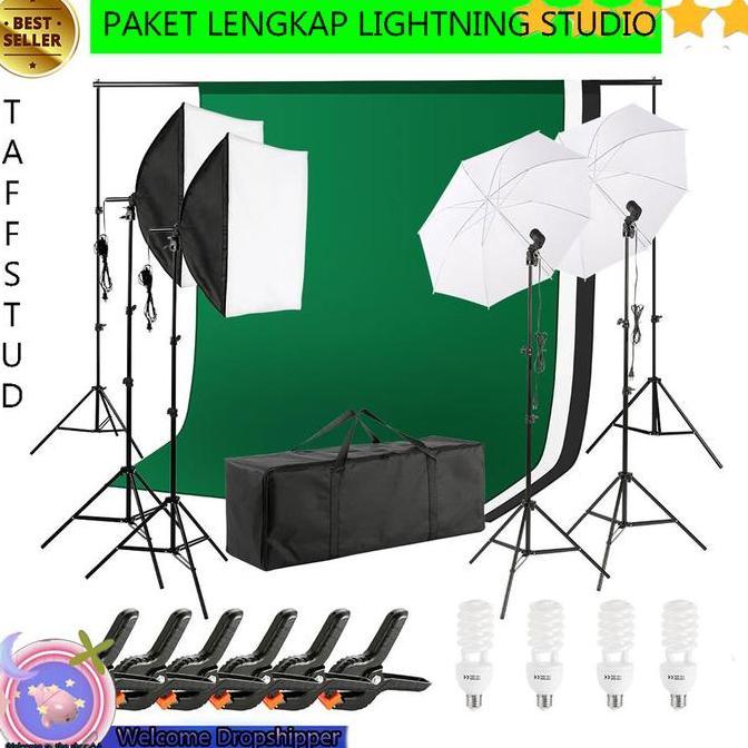 RULVOM Taffstudio Paket Foto Studio Lighting Lampu Foto Video + Background Set