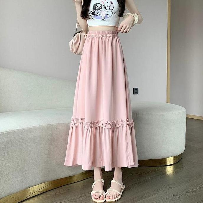 Rok Panjang Putih Wanita Korean Style Bahan Polo Linen Lembut