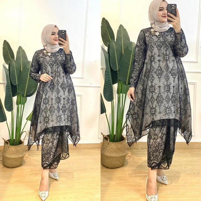 Set Kebaya Khalisa Atasan Tunik dan Rok Baju Kondangan Premium Mix Brokat Motif Etnik - Panjang, Wan
