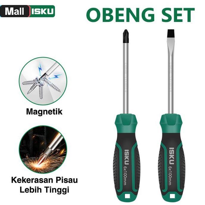 ISKU Obeng Set 2 Pcs Plus Minus Magnetik 6x100mm Baja Chrome Vanadium Anti-Slip CR-V Ujung Magnet Ku