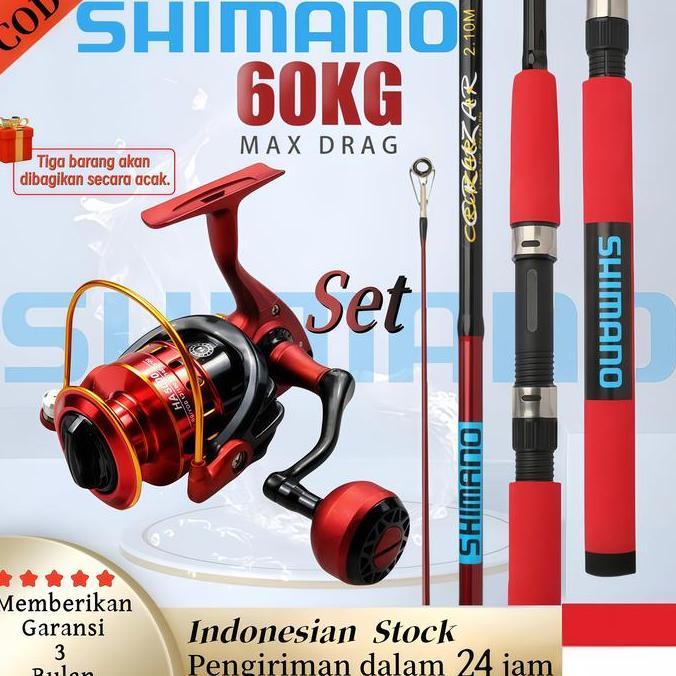 BANOKILO_ECER - SHIMANO SET PAKET MANCING MERAH - JORAN LUR 1.8-3.0M + REEL METAL MERAH 5.2:1 AKSESO